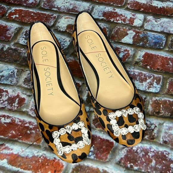Sole Society, Brown, black animal print cowhide flats with front rhinestone - Picture 1 of 7